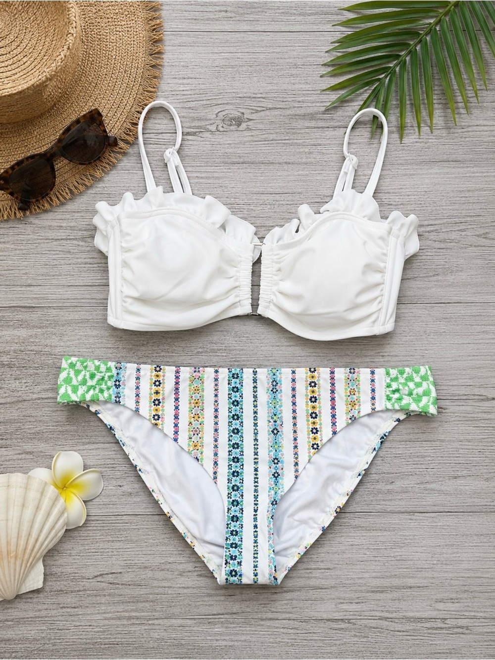 Brand NEW Bikini Set | Size: XL | White Ruffle Top + Printed Bottoms